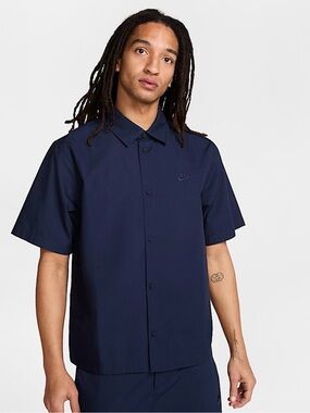 Nike Life Club Mens Large Short-Sleeve Button-Down Shirt Navy Blue Oxford Woven